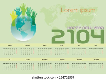 cute and green calendar on 2014 year with globe