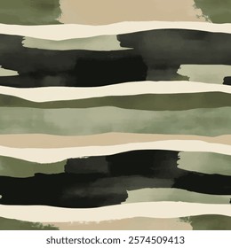 Cute green camouflage  striped brush strokes watercolor background seamless pattern with color brush strokes. watercolor background. Watercolor print in rustic vintage style, textile or wallpapers.