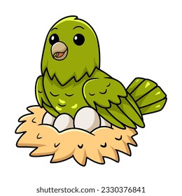 Cute green canary cartoon with eggs in the nest