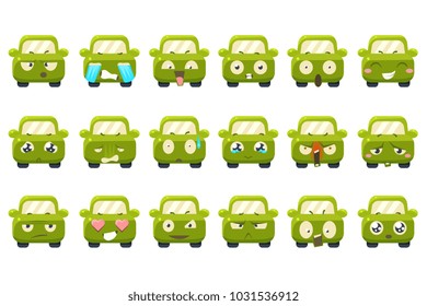 Cute green car cartoon characters showing different emotions sett, funny emoji for site, video, animation, websites, infographics, messages, comics, newsletters