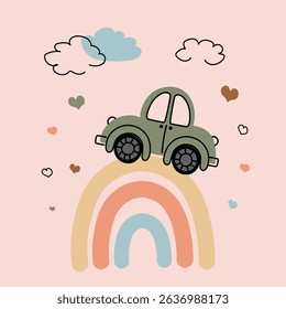 Cute green car driving over a pastel rainbow with colorful hearts and doodle clouds on pink background