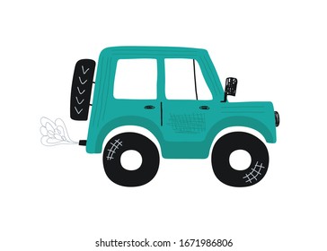 Cute green car isolated on a white background. Icon in hand drawn style for design of children's rooms, clothing, textiles. Vector illustration