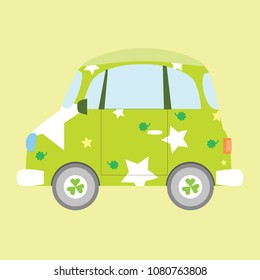 the cute green car with star and four leaf clover texture in green background icon logo label sticker,flat vector illustration cartoon design isolated