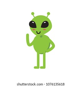 Cute green cartoon alien waving hand, alien come in peace