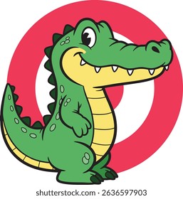 Cute green cartoon alligator. Friendly gator with yellow belly and spots, standing in a red and white circular badge. Classic, friendly toon style.
