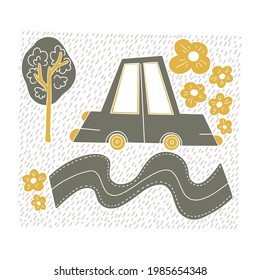 Cute Green Cartoon Auto, Baum, Blumen mit Textur und doodle Elemente Vektorklammer Kunst. Grünes Baby Auto, Automobil. Schön gestalteter Kindertransport-Shirt-Print