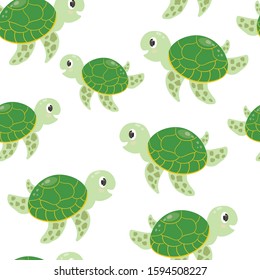 Cute, green, cartoon characters turtles , animals vector seamless pattern on white background. Concept for print, web design, cards 
