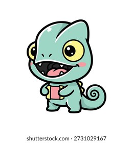 Cute green cartoon creature with a book and a tail