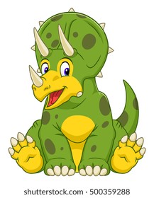 Cute green cartoon dinosaur Triceratops. 