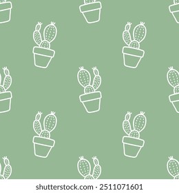 Cute green cartoon doodle cactus seamless pattern, Vector.