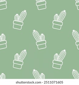 Cute green cartoon doodle cactus seamless pattern, Vector.