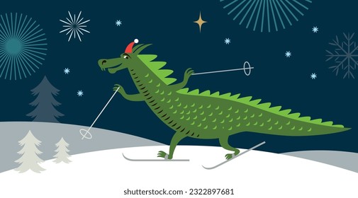 Cute green cartoon Dragon is skying. New Year 2024 of the Dragon on the eastern calendar. Horizontal banner