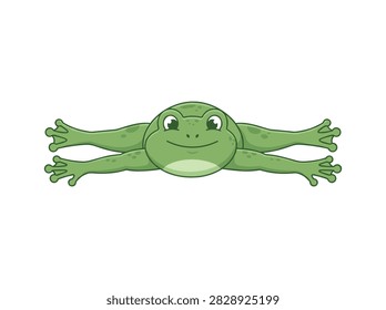 Cute green cartoon frog character lying flat isolated on white background
