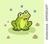 cute green cartoon frog sitting with dragonfly