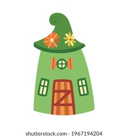 Cute green cartoon house of dwarves or elves, flat vector illustration isolated on white background. Little house of fairy creature as forest gnome or fairy.