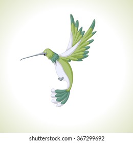 Cute green cartoon hummingbird flying