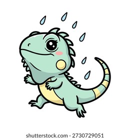 Lagarto verde bonito dos desenhos animados chorando com lágrimas caindo em torno dele