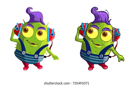 Cute green cartoon monster alien character in headphones. Vector character.