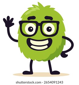 Cute green cartoon monster character with glasses waving and smiling