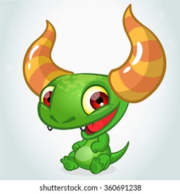 Cute green cartoon monster dragon with horns. Vector green monster mascot illustration. Alien monster character sitting