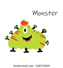 A cute green cartoon monster with a forelock and suckers. Good smiling monster. Green alien in flat style. Illustration for children's textiles.