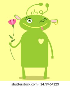 A cute green cartoon monster holding a 
 pink flower in his hand. Halloween monster character. Design for children book, holiday decoration, stickers or print.