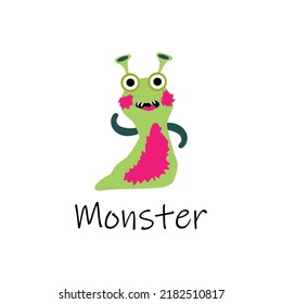 Cute green cartoon monster with red cheeks. Kind monster with sharp teeth. Green crawling alien. Fly-style monster with a white isolated background. Illustration for children's textiles.