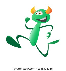 Cute green cartoon monster is running. Fit for t-shirt design, print, halloween decoration, birthday party decoration, children book, emblem, logo or sticker. vector illustration