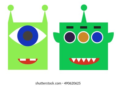 Cute green cartoon monsters with eyes on white background.