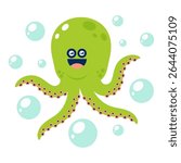 Cute green cartoon octopus with bubbles, smiling and floating underwater. Vector illustration on white background.