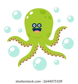 Cute green cartoon octopus with bubbles, smiling and floating underwater. Vector illustration on white background.