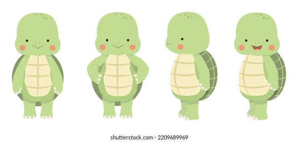 Cute green cartoon turtle in different positions