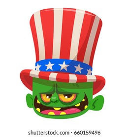 Cute green cartoon zombie wearing Uncle Sam hat. Design character for American  Independence Day. Vector illustration for print or decoration