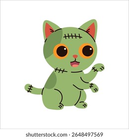 Ilustração de gato verde bonito no traje de Frankenstein, ideal para desenhos de Halloween, decoração de festa assustadora, cartões de saudação temáticos e projetos sazonais lúdicos.