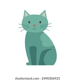 Una linda ilustración de gato verde, sentado con una sonrisa amable, nariz rosa y bigotes. Este animal de dibujos animados de Vector tiene un diseño simple y minimalista perfecto para ilustraciones infantiles o gráficas digitales.