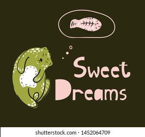 Cute green cat vector illustration. Sleeping kitten and fish. Phrase - Sweet  dreams. Funny poster with lettering , design for kids.