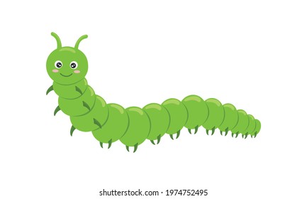 Cute green caterpillar character isolated on white background. Funny insect for kids. Vector cartoon illustration.