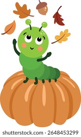 Cute Green Caterpillar on a Pumpkin with Autumn Leaves