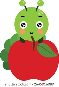 Cute Green Caterpillar Peeking Over Red Apple