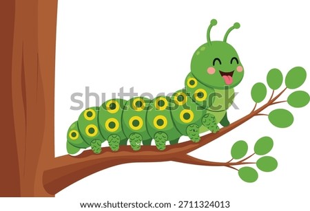 Cute green caterpillar with smiling face sitting on tree branch, cartoon insect illustration, nature wildlife design for children education concept vector