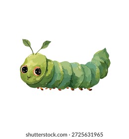 Linda Ilustración vectorial de oruga verde con una expresión feliz, perfecta para libros infantiles, contenido educativo y diseños con temas de naturaleza.