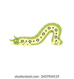 Cute green centipede sleeps. Sad butterfly, moth larva relaxes. Tired caterpillar with patterned skin. Little colorful upset worm character. Flat isolated vector illustration on white background