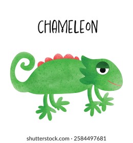 Cute green chameleon, hand drawn