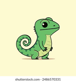 A cute green chameleon with large eyes and a curled tail