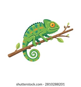 Cute green chameleon lizard resting on a brown branch isolated vector set