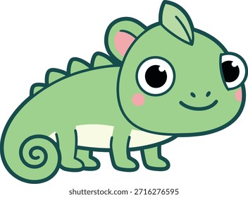 Una linda Ilustración vectorial verde camaleón con ojos grandes y una cola rizada. Este personaje de lagarto kawaii es perfecto para pegatinas para niños, arte infantil y decoración escolar.

