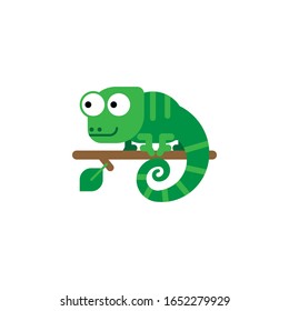 Cute green chameleon walking on a tree branch, logo illustration vector