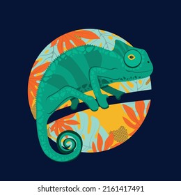 Cute green chameleon walking on tree branch,  vector illustration. 