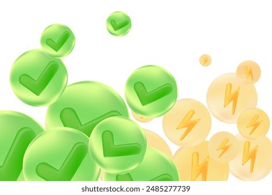 Lindo verde marca de verificación, icono de energía amarilla 3D. Marca de verificación de textura de vidrio de moda, seleccione icono ecológico. Ilustración aislada de Botón de ojos verdes para Web, diseño, App, ilustración.