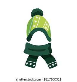 Cute Green Childish Bobble Hat And Scarf Vector Flat Illustration. Woolen Warm Seasonal Headdress With Pompom For Kids Isolated. Winter Accessories For Head Decorated With Strips And Snowflakes